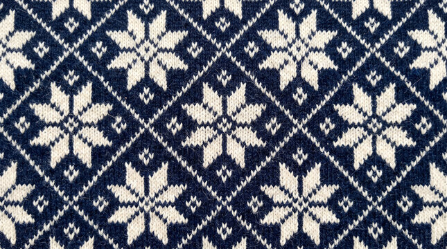 Close up of a dark blue knitted sweater with a traditional snowflake pattern
