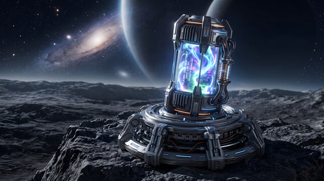 Futuristic Plasma Core Reactor on Alien Surface with Swirling Galaxy and Massive Planet in Cosmic Sky