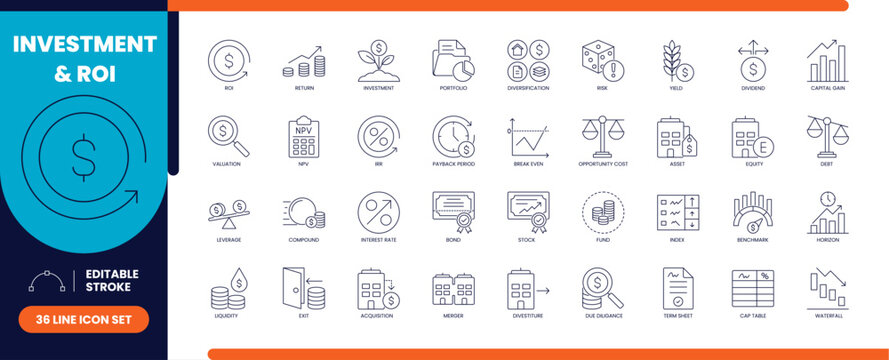 Investment and ROI line icon set for finance