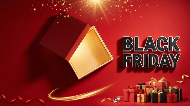 Black Friday sale celebration with open red box on red background, gifts and sparkles emphasizing deals.