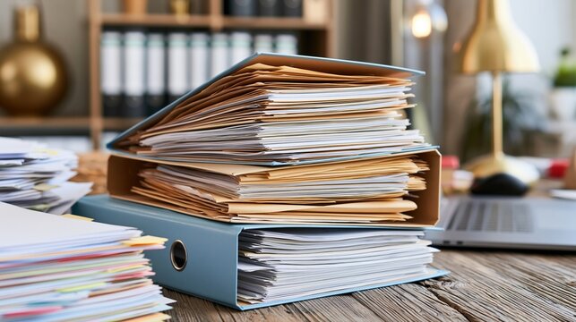 stacked file folders and papers on wooden desk