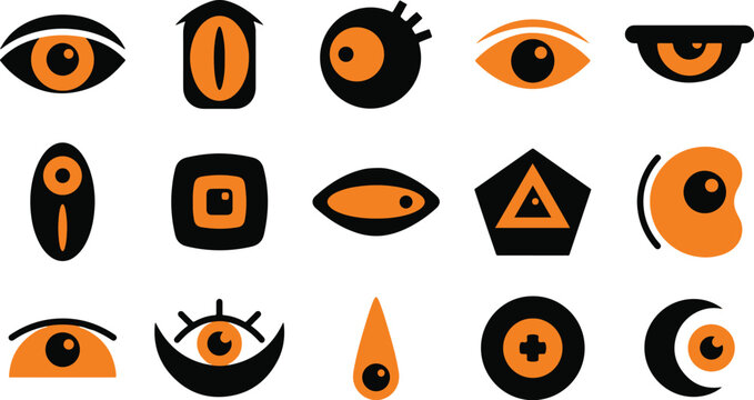 Set of mystical eye icons with geometric shapes and occult symbols in a flat graphic design style