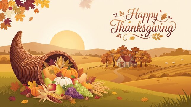 Beautiful happy thanksgiving greeting card design featuring a cornucopia and a scenic autumn farm field landscape background illustration