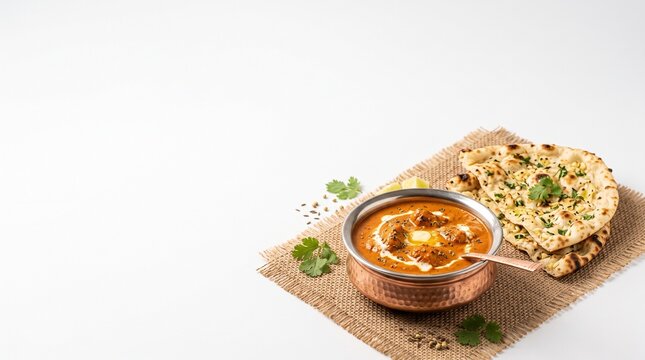 Authentic Indian butter chicken curry in a copper bowl served with garlic naan bread and cilantro garnish