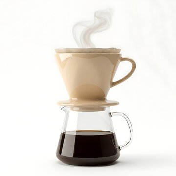Drip coffee maker with ceramic dripper and glass server filled with dark coffee brewing pour over filtered coffee black coffee equipment white background fresh coffee beverage