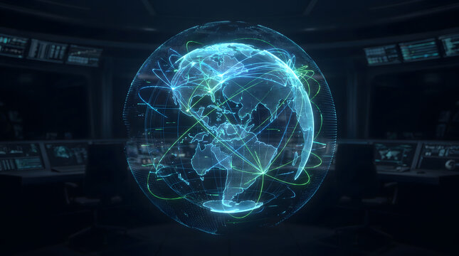 Futuristic digital globe with glowing network connections inside a dark high tech control room