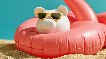 Fototapeta premium White piggy bank wearing sunglasses on pink inflatable