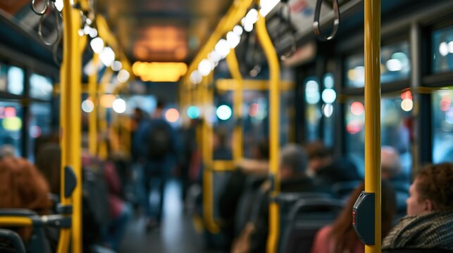 Blurred view of people traveling inside a public transportation vehicle.