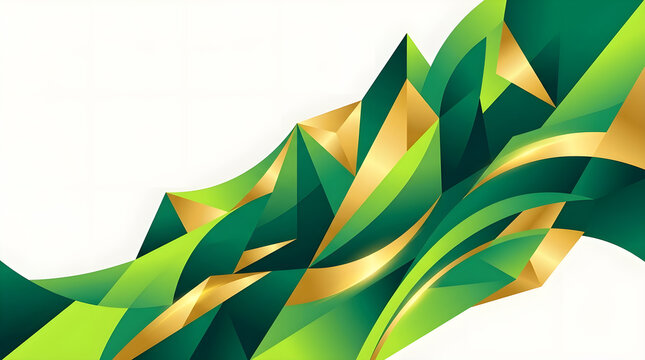 Abstract green and gold geometric shapes background with flowing 3D dynamic wave design