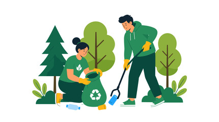Fototapeta premium Two Volunteers Cleaning Up Litter in a Park Scene.