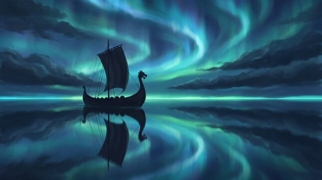 A glowing Viking longship illuminated by a holographic aurora, showcasing a blend of history and futuristic design in a captivating visual, Leif Erikson Day