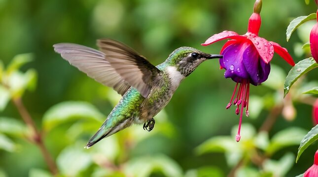 A beautiful ruby throated hummingbird hovering while drinking nectar from a vibrant purple and red fuchsia flower