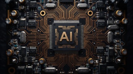 Fototapeta premium Artificial Intelligence processor chip on a complex electronic circuit board background.
