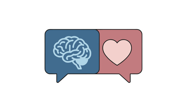Conceptual communication speech bubbles comparing rational logic and emotional feelings with brain and heart icons.