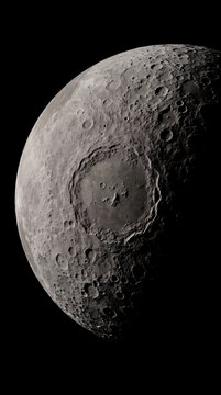 Detailed View of a Heavily Cratered Moon with a Large Central Impact Basin in Space