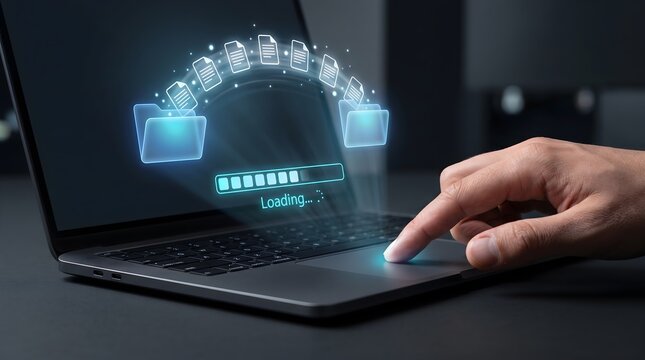 Hand touching laptop trackpad while digital document icons fly between folders for cloud storage management and digital transformation business concept