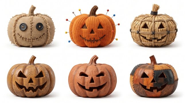 A diverse collection of Halloween pumpkins featuring various jack-o-lanterns with different textures and spooky faces ideal for autumn seasonal designs and holiday celebrations