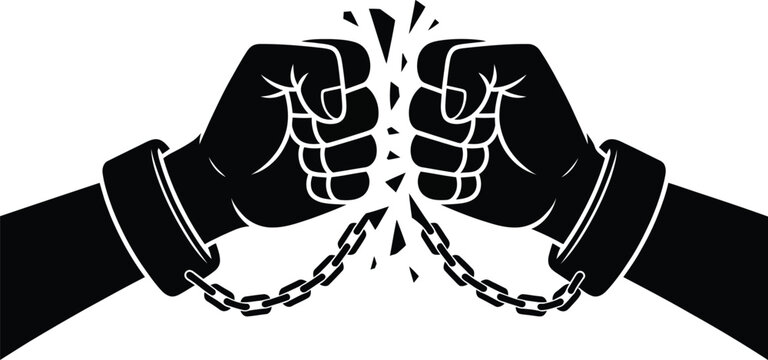 Vector illustration of black silhouette hands breaking metal chains and shackles representing freedom, liberation, and overcoming struggle on a white background