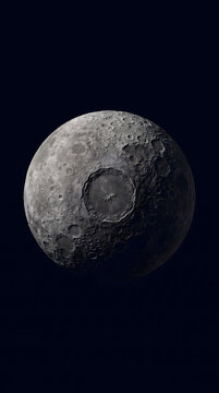 A detailed monochromatic image of a heavily cratered celestial body suspended in a black void