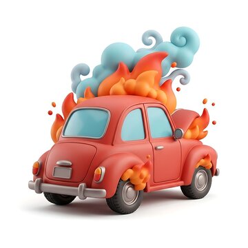 Red toy car engulfed in flames and smoke in a stylized 3D render model with burning car fire flames smoke clouds car accident emergency vehicle clay model 3D illustration fire hazard disaster