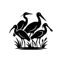 Naklejka premium Silhouette of four wading birds standing in grass.