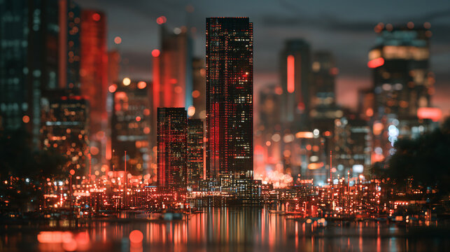 Illuminated night city skyline with miniature tilt shift effect photography