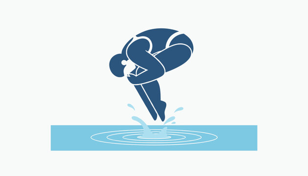 Silhouette of a professional diver performing a graceful dive into clear blue water with splashes vector.