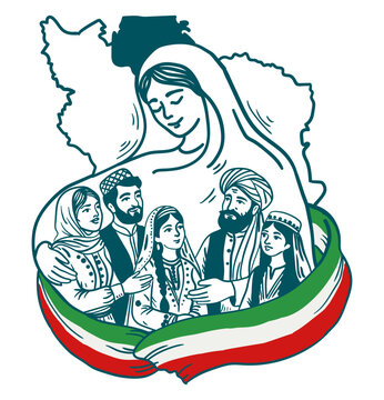 Illustration of a mother figure embracing a diverse group of people in front of a map of iran