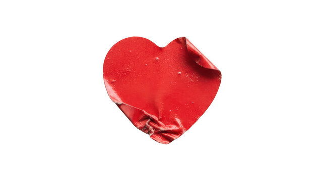 Glossy red heart-shaped adhesive sticker with peeled corner isolated on transparent background