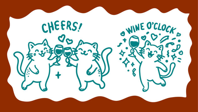 Cute cartoon cats holding wine glasses with cheers and wine oclock text