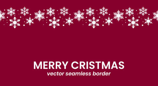Merry christmas seamless border with white snowflakes on a deep red background