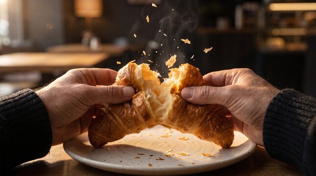 Hands breaking fresh, crusty bread over a plate at a restaurant