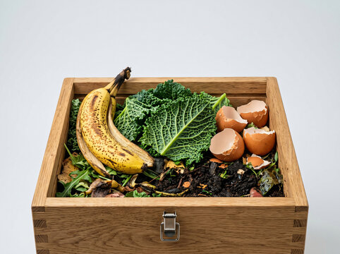 Organic food waste inside a wooden box for composting and recycling.