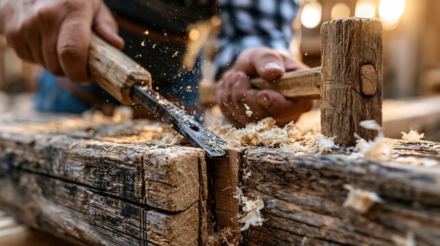 Craftsman uses a chisel and mallet to shape aged wood.