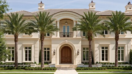 Naklejka premium Luxurious mansion exterior with palm trees and manicured