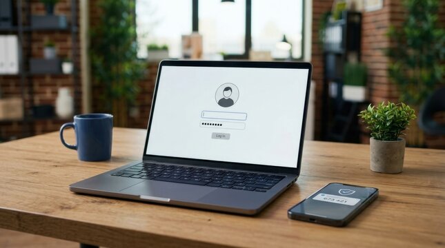 Laptop login screen with password field on a wooden desk, ready for user access.