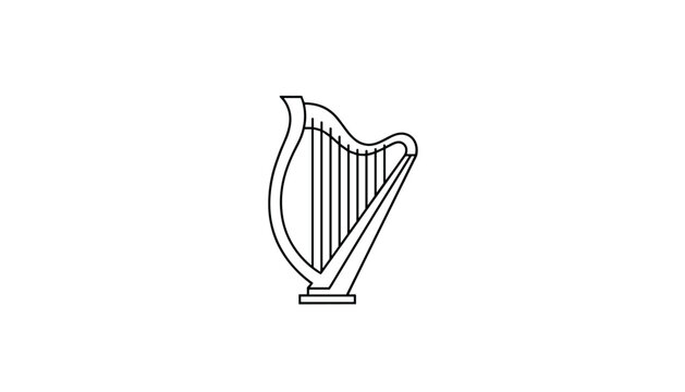 Simple black and white line art vector icon of a classical harp instrument isolated on white background.