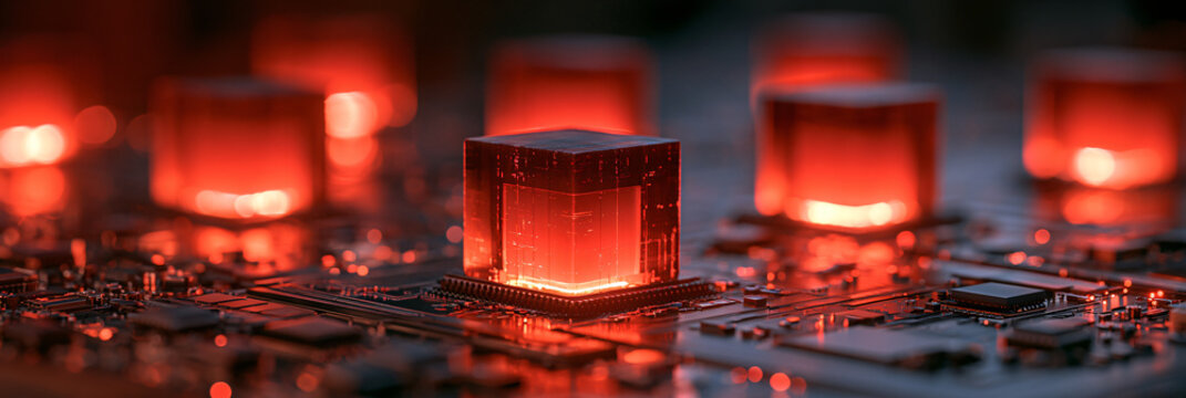 Futuristic multi-core semiconductor architecture with glowing processors in a computer system