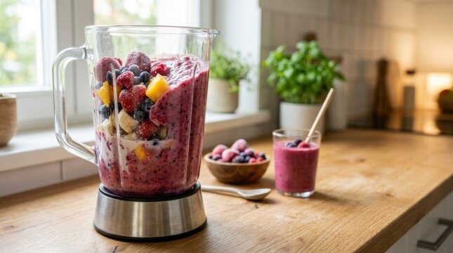 A tall blender filled with frozen fruit and berries, preparing a healthy smoothie in a kitchen setting
