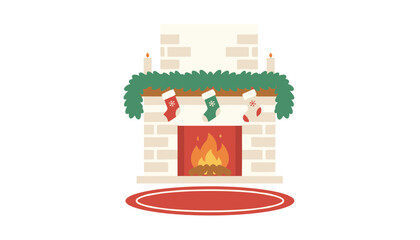 Fototapeta premium Cozy brick fireplace decorated with green garland and christmas stockings for traditional winter holidays scene.