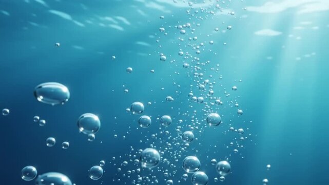 abstract underwater air bubbles rising in blue ocean water background
