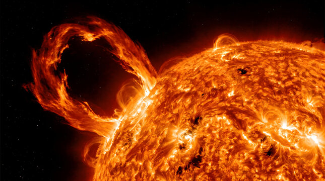 Dramatic solar flare and plasma loop erupting from the surface of the sun in deep space