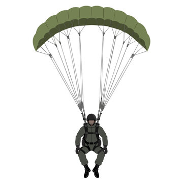 Military paratrooper with green parachute vector illustration, soldier skydiving in tactical gear, army paratrooper jumping