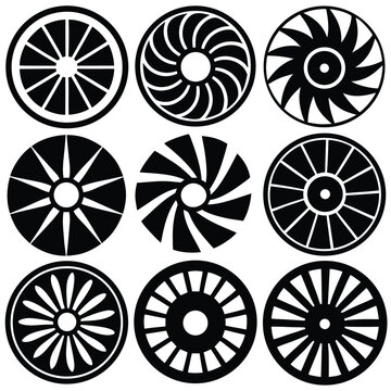 Cooling fan icon set. Modern cooler ventilator silhouette icons, vector symbol website design. Set of black colour vector illustration flat style. Cooling system fan with rotation arrows symbol.