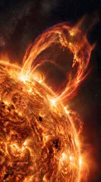 Massive solar prominence erupting from a fiery sun surface into the dark void of outer space
