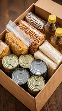 Food items packed in a cardboard box with oil and canned goods  