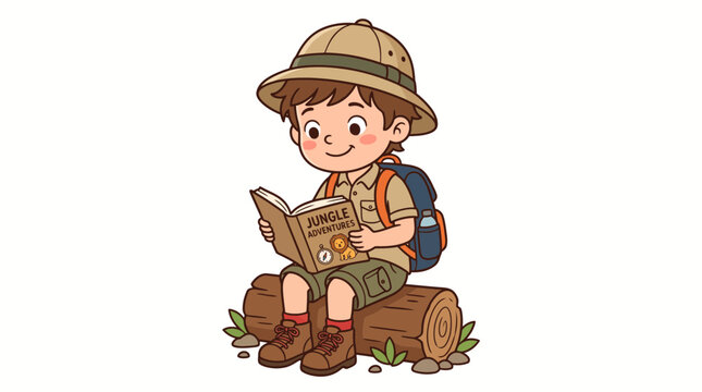 Cute cartoon boy explorer sitting on a log reading an adventure book vector illustration