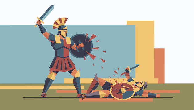 Ancient Roman gladiators engaged in a fierce sword battle with shields and armor in an arena depicted in flat vector design.