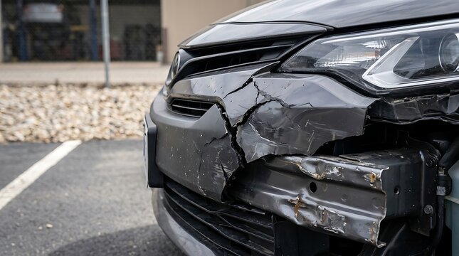 Damaged car front bumper on pavement