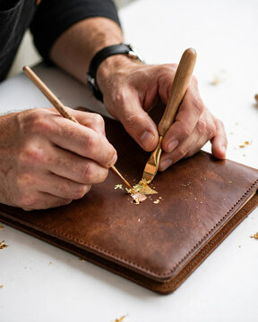 Artisan leather gilding process, craftsman applying gold leaf to brown leather book, traditional bookbinding workshop